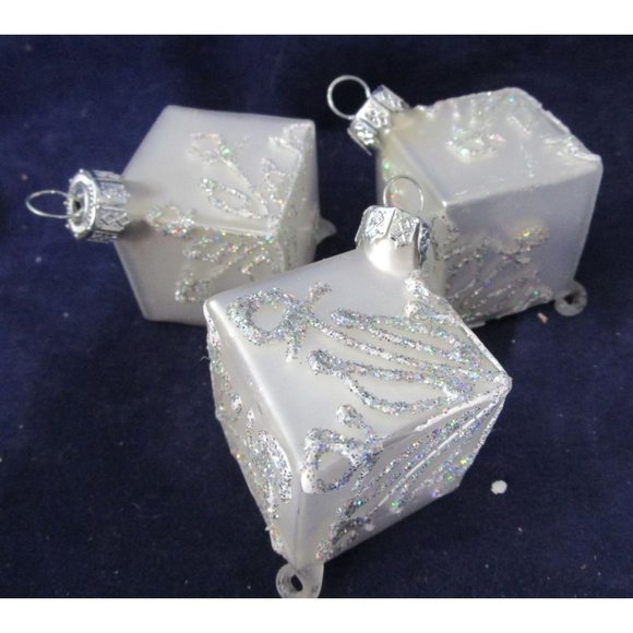 Silver Mercury Style Square Blown Glass Glitter Accent Ornaments A Set of Three - Picture 1 of 15
